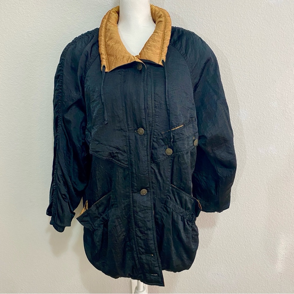 Vintage J. Gallery‎ 80s Crinkle Nylon Parka Jacket Black Gold Oversized S *FLAW*